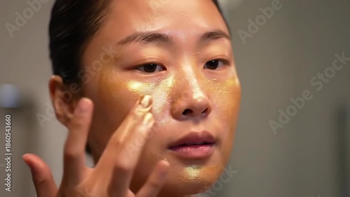 A serene Asian woman applies gold face mask