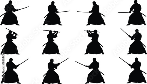 Japanese Samurai Warrior Silhouette Vector Set Featuring Various Katana Sword Poses for Martial Arts Bushido Kendo Culture and Ancient History Designs