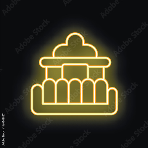 Minimalistic vector illustration of a yellow neon sign depicting an outdoor cinema with empty seats