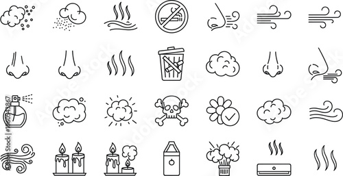 Smell and odor line icon set with aroma scent air pollution nose perfume smoke symbols flat vector