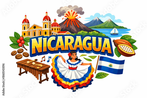 Nicaragua culture vector illustration with colonial architecture volcano lake music and national symbols