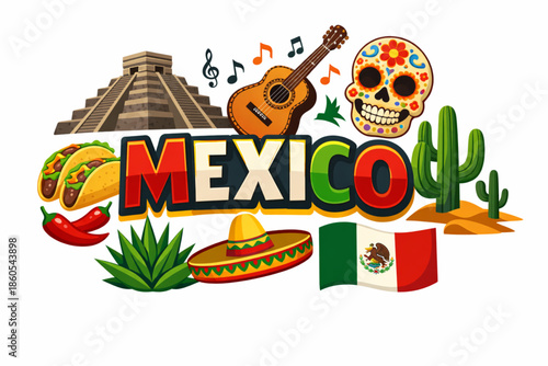 Mexico culture vector illustration with Aztec pyramid mariachi cuisine and traditional symbols