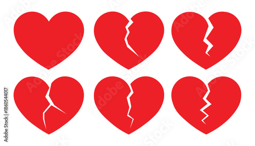 Broken Heart Icons Set – Red Heart Break, Sad Love, Emotional Symbol Vector
