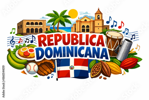 Republica Dominicana culture vector illustration with colonial architecture music cuisine beach and national symbols