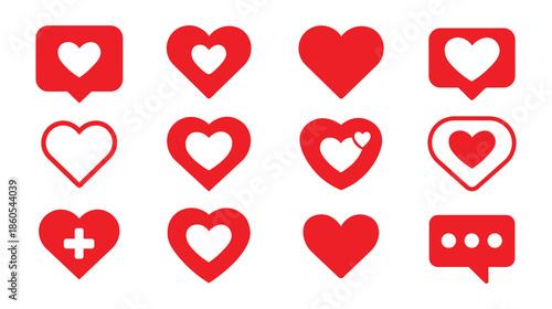 Red Heart Icons Set – Like, Love, Social Media Reaction Symbols Vector
