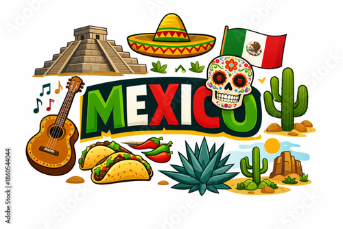 Mexico culture vector illustration with Aztec pyramid mariachi cuisine and traditional symbols