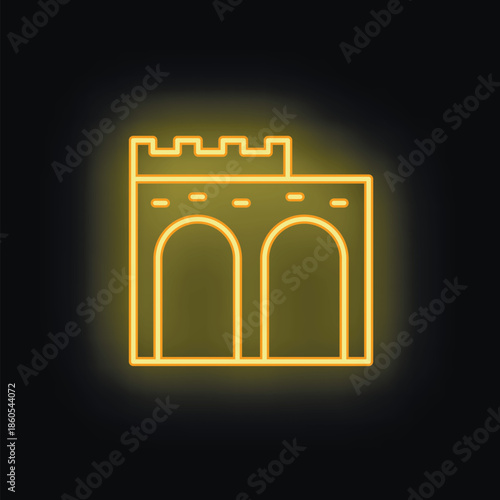 Neon yellow icon of a city gate glowing on a black background