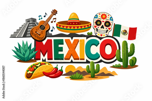 Mexico culture vector illustration with Aztec pyramid mariachi cuisine and traditional symbols