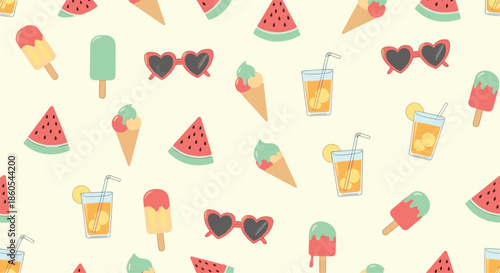 A vibrant seamless pattern showcasing refreshing summer treats like ice cream popsicles watermelon slices and cool drinks.