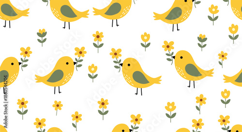 A cheerful seamless pattern featuring cute yellow birds holding small sunflowers and scattered blossoms on white.
