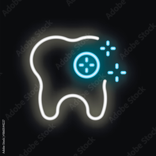 Neon icon of a tooth with a sealant, representing dental care and protection