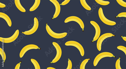 A cheerful seamless pattern featuring scattered yellow bananas on a dark blue background perfect for fruity designs.