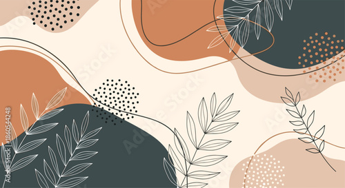 An abstract botanical background with organic shapes in warm neutral tones and delicate outline leaves providing a frame.