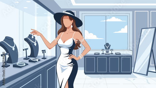 Modern vector illustration of woman selecting jewelry in luxury boutique, elegance, fashion, and premium consumer lifestyle concept