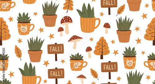 Cozy and autumnal seamless pattern featuring potted succulent plants mushrooms falling leaves and "FALL!" signs on a white background.