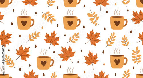 A cozy seamless pattern featuring warm mugs of coffee or tea with hearts and scattered autumn leaves and berries.