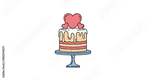 A charming outline drawing of a tiered cake adorned with hearts and dripping frosting on a cake stand.