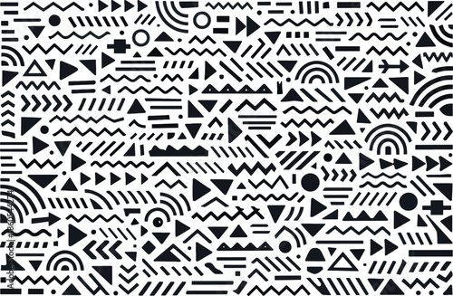 Seamless Memphis Style Geometric Pattern with Abstract Tribal and Minimalist Elements