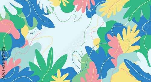 Vibrant and lively abstract background with a border of colorful tropical leaves and squiggly lines creating a cheerful central copy space.