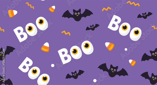 Spooky and playful Halloween seamless pattern with "BOO" text cartoon eyeballs flying bats and candy corn scattered across a purple background.