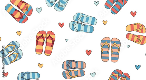 Cheerful and colorful seamless pattern featuring various striped flip-flops and scattered small hearts on a bright white background.