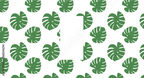 Fresh and vibrant seamless pattern of simple green monstera deliciosa tropical leaves scattered across a clean white background.