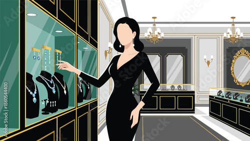 Modern vector illustration of woman selecting jewelry in luxury boutique, elegance, fashion, and premium consumer lifestyle concept
