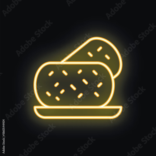 Yellow neon sign depicting two potatoes lying on a plate, glowing on a black background