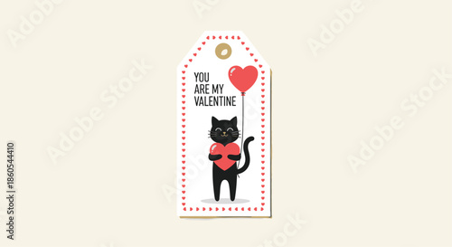 Adorable Valentine's Day gift tag illustration featuring a cute black cat holding a red heart balloon with "You are my Valentine" text.