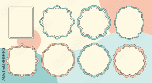 Collection of various blank decorative frames and labels in soft pastel pink and blue tones on an abstract background.