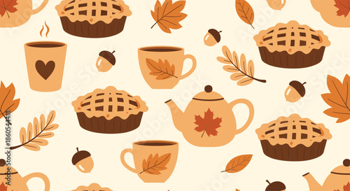 Cozy and inviting seamless autumn pattern featuring teapots coffee cups pies and falling maple leaves and acorns on a cream background.