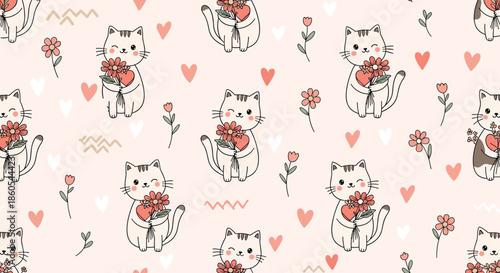 Adorable and romantic seamless pattern featuring cute cartoon cats holding flowers and hearts with scattered hearts on a light pink background.