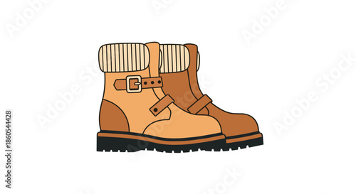Stylish and sturdy illustration of a pair of brown and beige winter boots with buckles and a striped cuff on a white background.