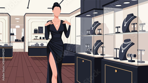 Modern vector illustration of woman selecting jewelry in luxury boutique, elegance, fashion, and premium consumer lifestyle concept