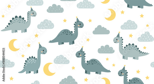 Adorable seamless pattern featuring cute cartoon dinosaurs wearing party hats surrounded by clouds moons and stars on a white background.