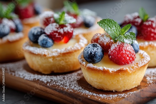 Wallpaper Mural Delicious Mini Fruit Tarts with Creamy Filling Topped with Raspberries, Blueberries, and Mint Leaves on a Wooden Serving Board for Dessert Lovers Torontodigital.ca