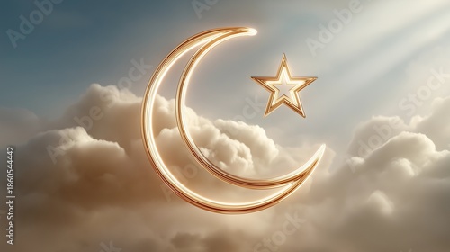 Golden Celestial Crescent and Star over Clouds