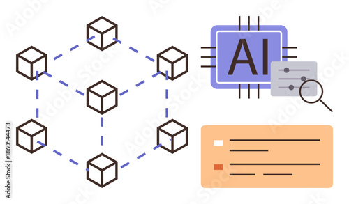 Blockchain nodes connected in a grid, AI chip analyzing data, and document panel representing record keeping. Ideal for blockchain, AI, data analysis, innovation, connectivity, automation digital