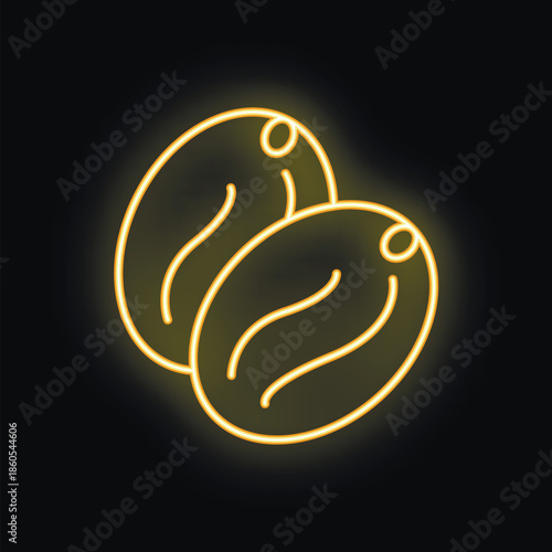 Glowing neon sign depicting two coffee beans, on a black background
