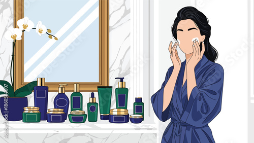 Modern vector illustration of woman doing skincare routine in luxury bathroom, beauty, wellness, and premium self-care lifestyle concept
