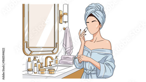 Modern vector illustration of woman doing skincare routine in luxury bathroom, beauty, wellness, and premium self-care lifestyle concept