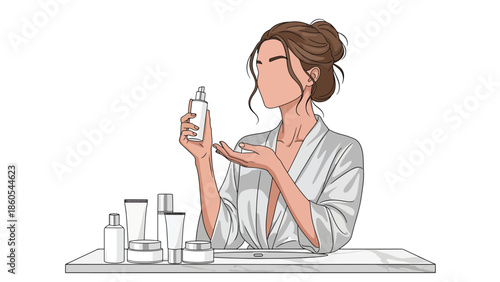 Modern vector illustration of woman doing skincare routine in luxury bathroom, beauty, wellness, and premium self-care lifestyle concept