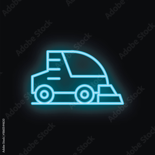 Blue neon icon of a street sweeper vehicle cleaning a road, on a black background
