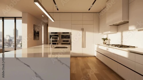 Panning Shot: Modern, Luxurious Apartment Interior with City Views