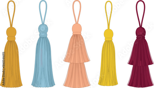 Elegant decorative curtain tassels set with hanging silk fringes in various colors for home interior decor upholstery fashion accessories and textile design.