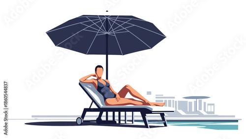 Modern vector illustration of woman relaxing poolside at luxury resort, vacation, leisure, and premium lifestyle concept