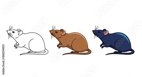 Illustration of three stylized rats in different colors and line art