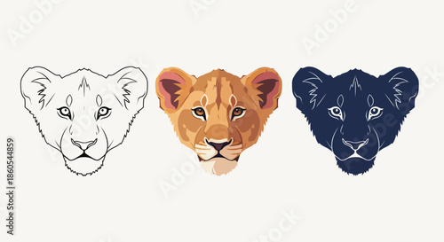 Three stylized lion cub portraits line art, realistic color, and dark silhouette