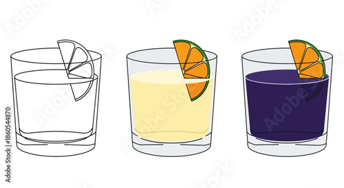 Three cocktails, one clear, one yellow, one purple, with lime and orange garnishes