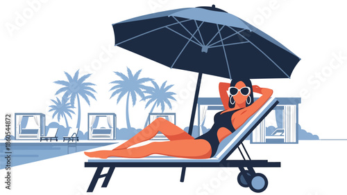 Modern vector illustration of woman relaxing poolside at luxury resort, vacation, leisure, and premium lifestyle concept